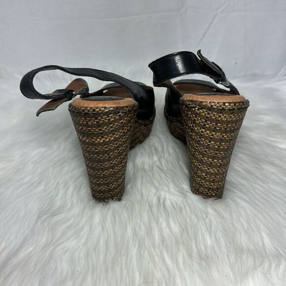 Born BOC Black Leather Raffia Wedge Peep Toe Shoes Sz 9 - Picture 3 of 6